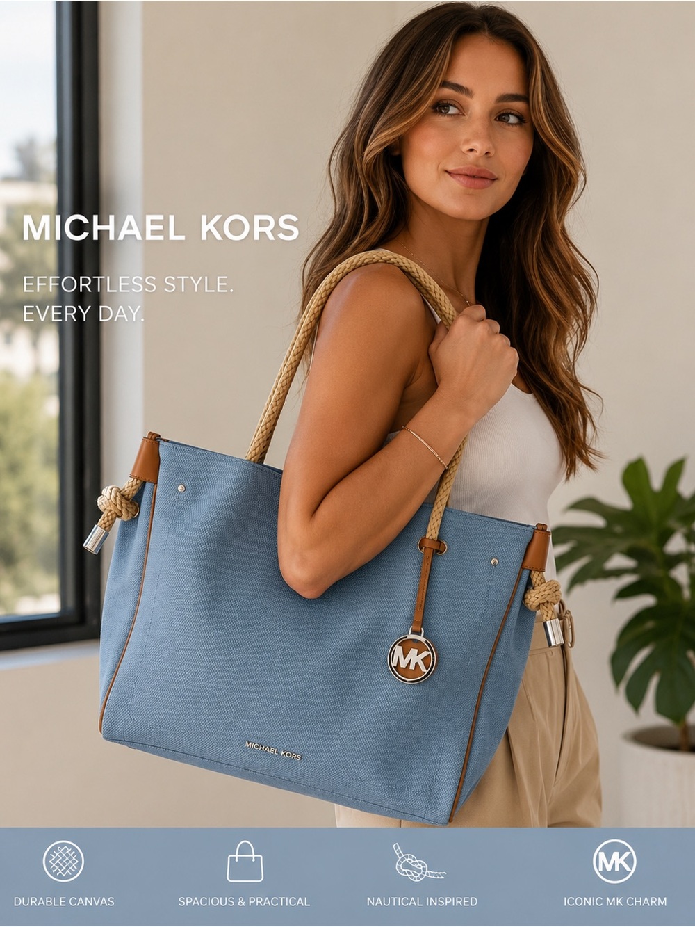 Michael Kors Light Blue Canvas Tote with Rope Handles and Tan Trim